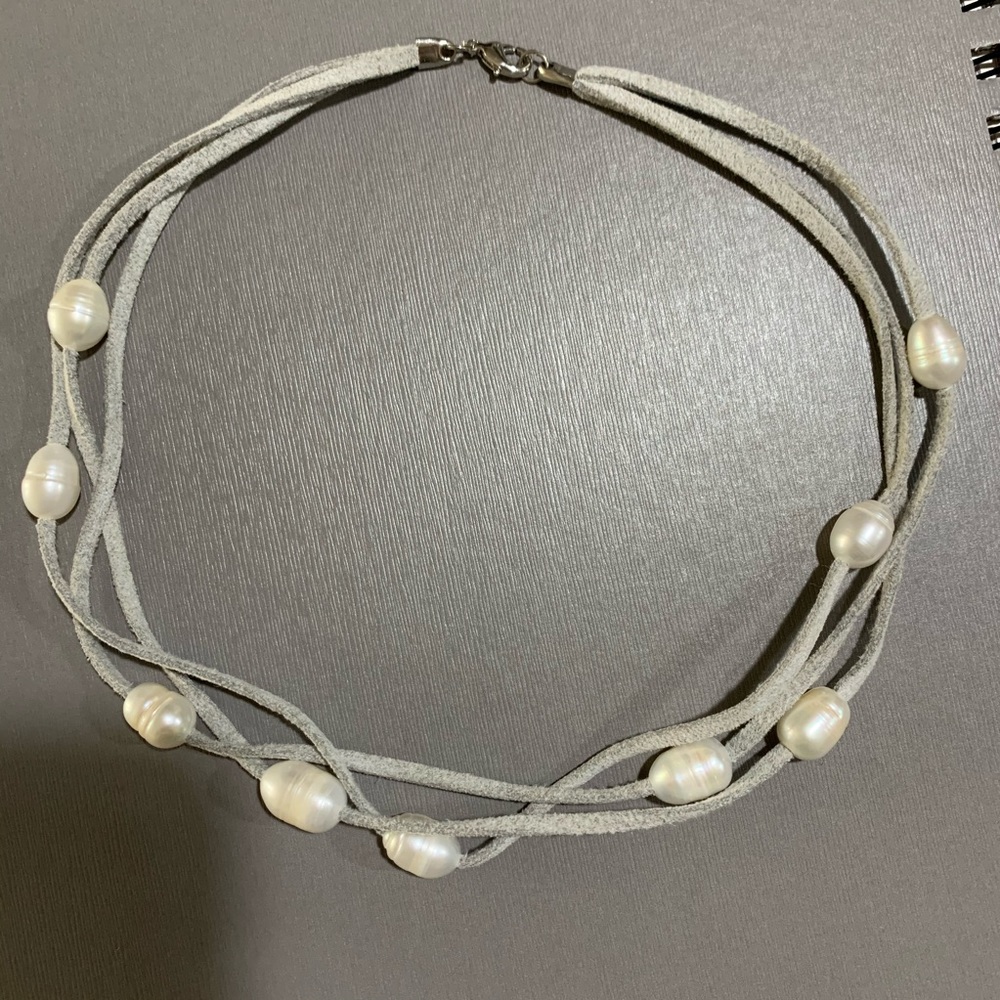 Leather & Pearl Three Strand Necklace